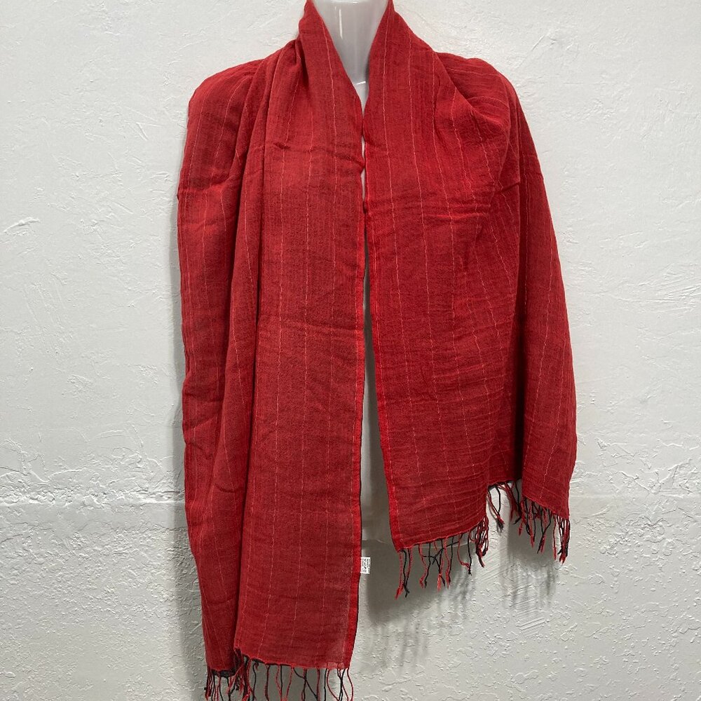 Gauze Fringe Boho Scarf Shawl Wrap Made in Thailand Reversible Red Cotton 60x18"